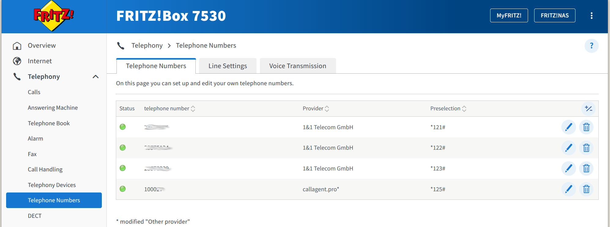 Fritz!Box Telephone Numbers page showing callagent.pro SIP account registered with green status