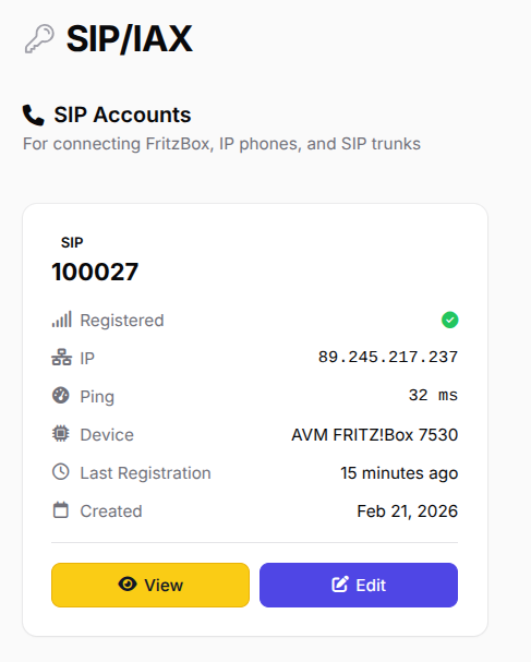 SIP/IAX account overview showing registered status