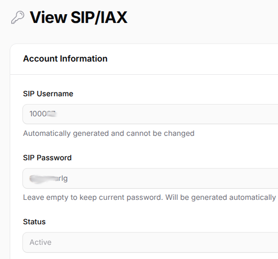 IAX account credentials - username and password