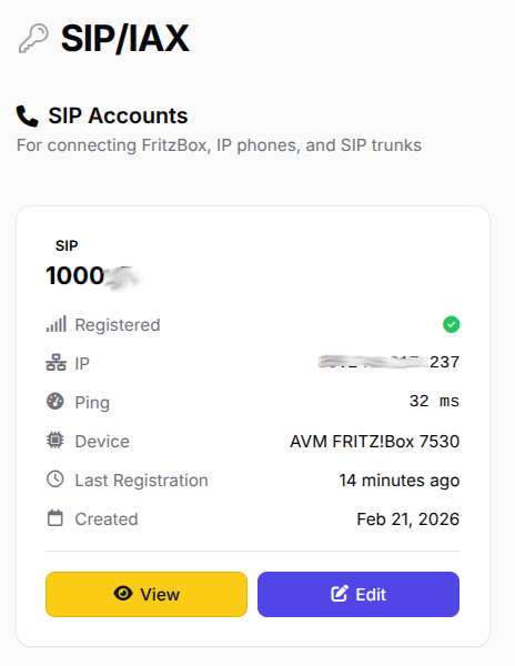 SIP account showing registered status with AVM Fritz!Box 7530 device
