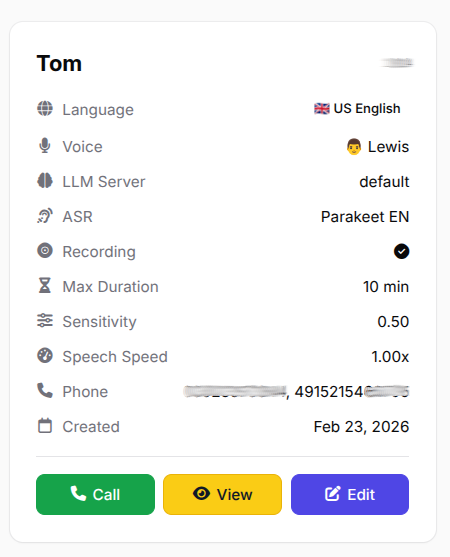AI agent card in callagent.pro dashboard showing agent Tom with language, voice and settings