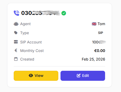 Phone number card in callagent.pro showing the GSM number linked to the AI agent